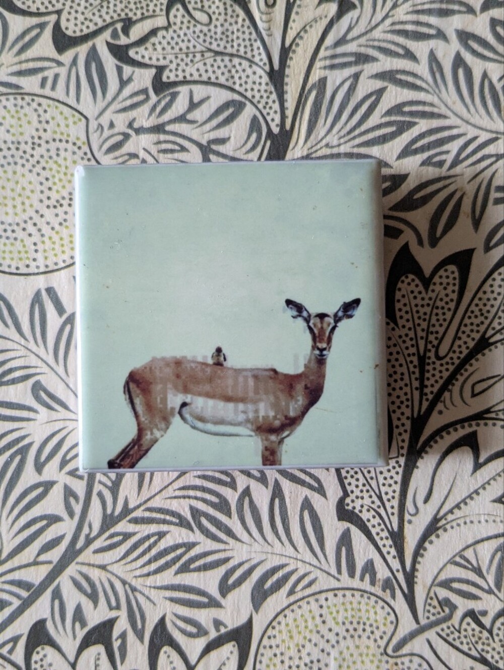 Handmade Hand painted Tile Magnet With Deer With Little Bird On Its Back
